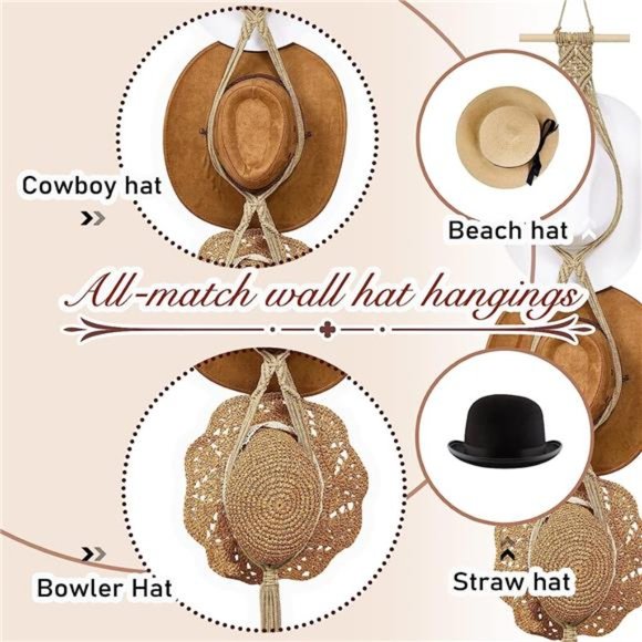 Macrame Hat Hangers Boho for Wall Bohemian Women Rack Organizer Hanging Display - Picture 4 of 6